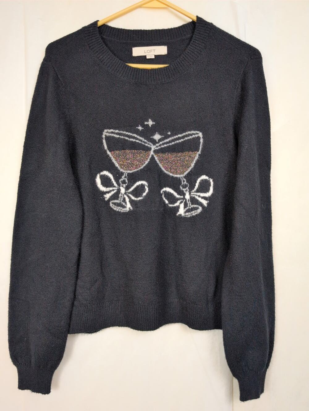 Loft champagne toast intarsia black sparkle sweater Size S Holiday Fuzzy Novelty